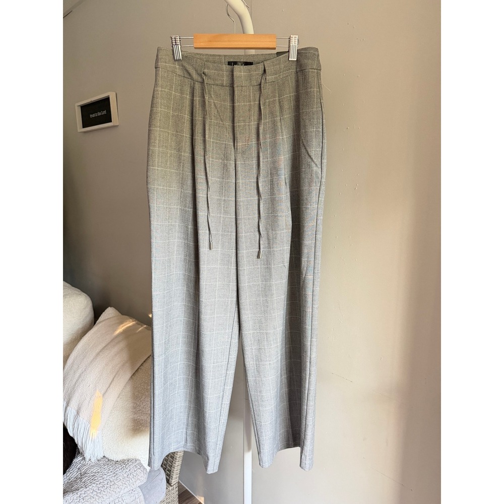 NWT Nicole Miller Wide Leg Pants Womens Size 4 Grey Plaid Mid-Rise Trousers